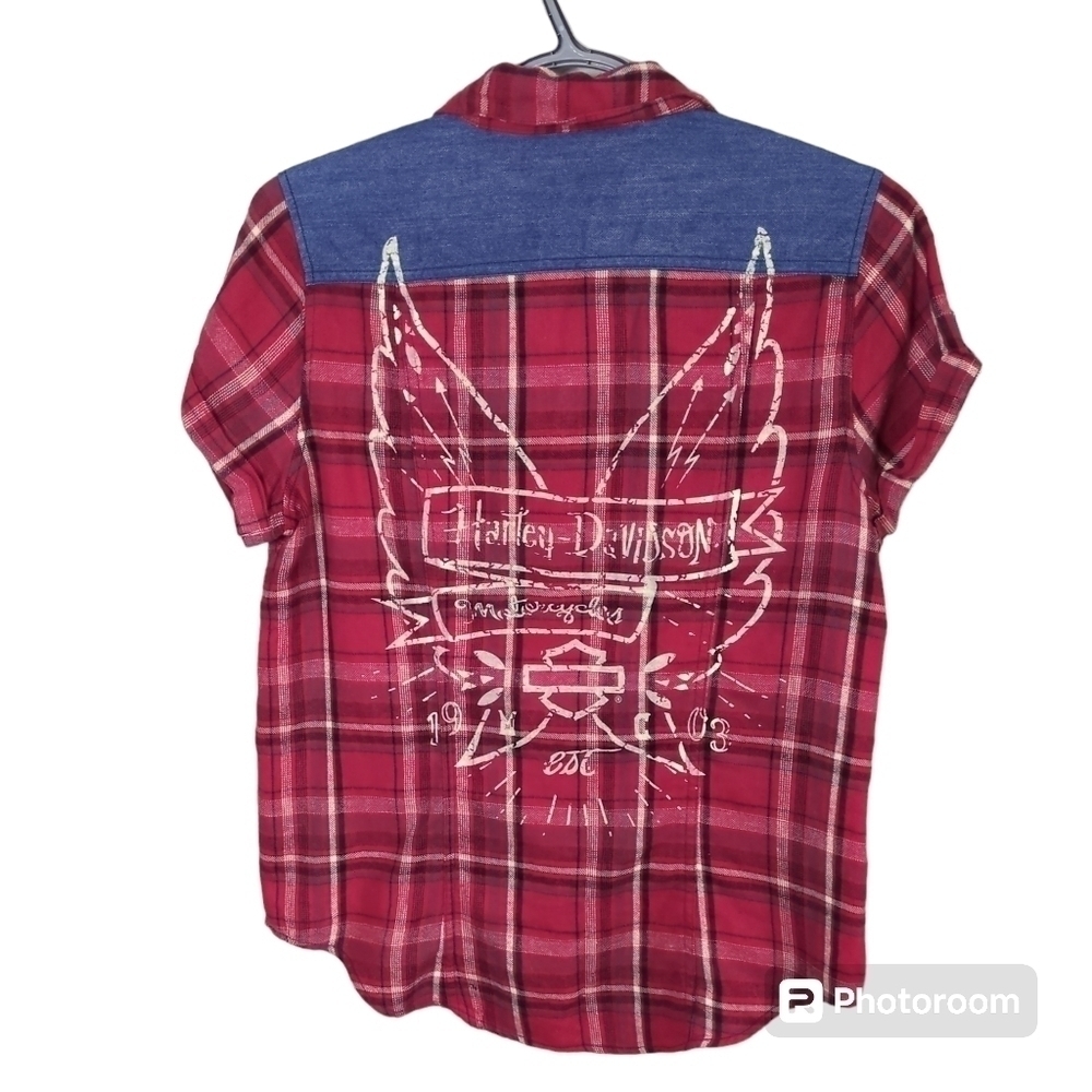 Harley-Davidson Denim Accent Short Sleeve Plaid‎ Shirt Size Small Back Graphic